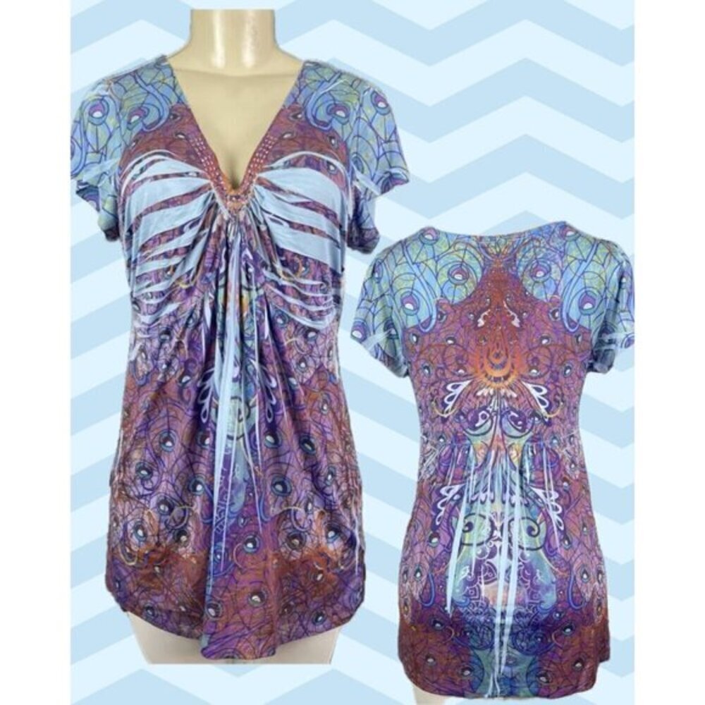 Apt 9 L Blue Geometric Abstract Print Ruched Studded V-Neckline Short Sleeve Top